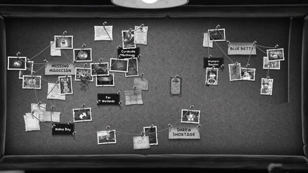 Screenshot from MOUSE: P.I. For Hire shows a detective board with photos, notes, and strings connecting clues about a 'Missing Magician' case.