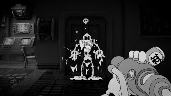 Screenshot from "MOUSE: P.I. For Hire" shows a cartoon character melting in a black-and-white room with vintage tech.