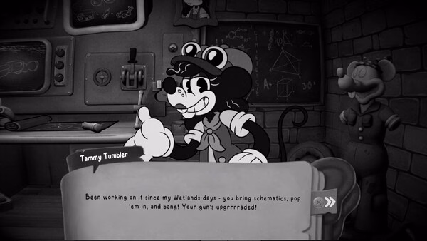 Screenshot of MOUSE: P.I. For Hire showing Tammy Tumbler in a workshop with diagrams, speaking about upgrading a gun.