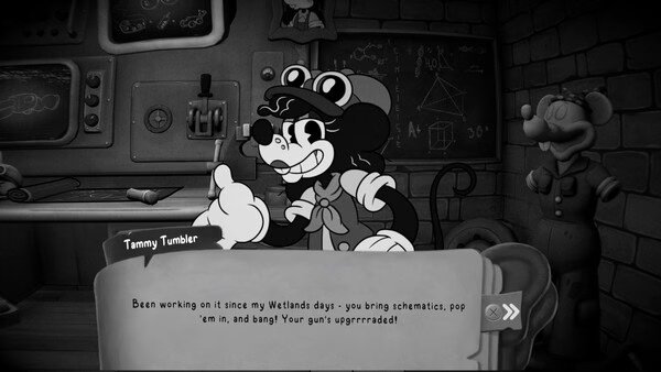 Screenshot of MOUSE: P.I. For Hire showing Tammy Tumbler in a workshop with diagrams, speaking about upgrading a gun.