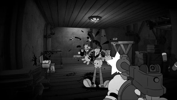 Screenshot from 'MOUSE: P.I. For Hire' showing the main character in a detective office holding a gun in a noir-style scene.