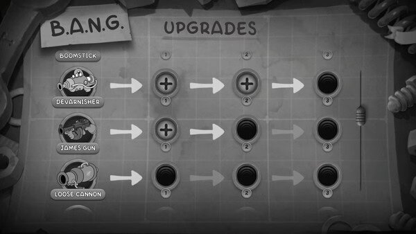 Screenshot from MOUSE: P.I. For Hire showing upgrade paths for Boomstick, Devarnisher, James Gun, and Loose Cannon.