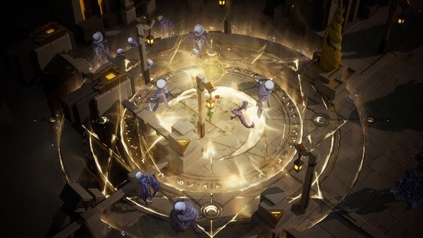 Screenshot from Torchlight: Infinite showing a mystical circular arena with glowing symbols and arcane figures surrounding the center.