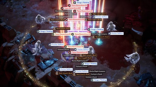 Torchlight: Infinite screenshot showing a character surrounded by glowing loot beams and scattered items in a dark, rocky area.