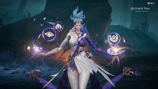 Torchlight: Infinite screenshot of Oracle Thea, a character in elegant armor casting mystical spells in a dark, rocky landscape.