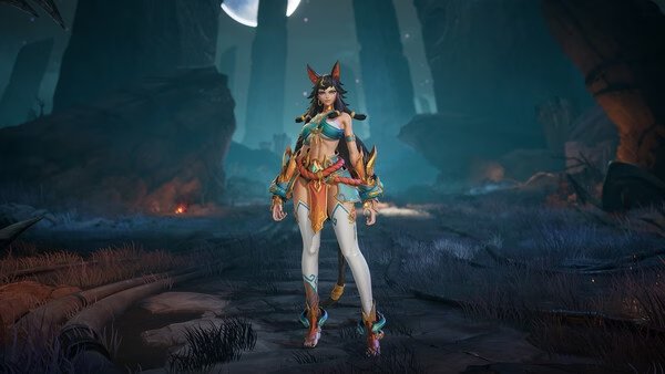 Torchlight: Infinite screenshot showing a character in vibrant armor standing in a mystical, moonlit landscape with rocky terrain.