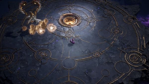 Screenshot from Torchlight: Infinite showing a character battling a group of golden rock creatures on a mystical circular platform.