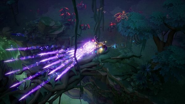 Screenshot from Torchlight: Infinite showing a character casting a bright purple magic spell in a dark, lush forest environment.