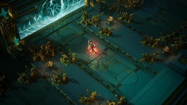 Torchlight: Infinite screenshot showing a lone hero facing off against waves of golden enemies in a mystical dungeon setting.