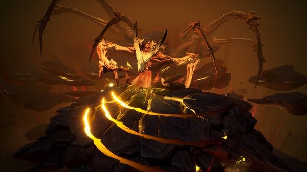 Screenshot from Torchlight: Infinite showing a large, menacing creature with multiple arms on a rocky, glowing platform.