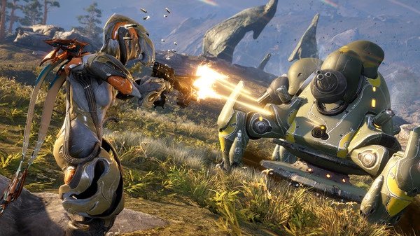 Warframe screenshot: A Tenno warrior in combat with a Grineer enemy amidst an open field with rocky terrain.