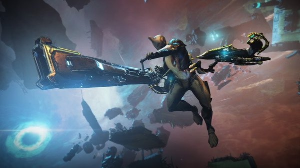Warframe screenshot: A Tenno warrior in sleek armor wields a large futuristic weapon, flying through space amidst debris.