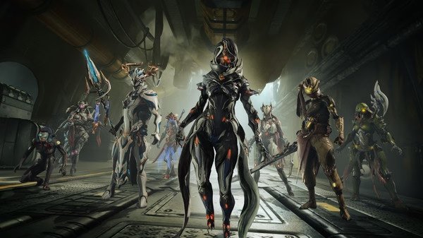 Warframe screenshot: A group of uniquely designed Warframes standing in a sci-fi corridor, showcasing diverse armor styles and weapons.
