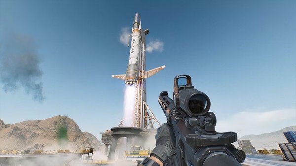 A Delta Force screenshot showing a player's view aiming a rifle at a rocket launching into the sky, set in a desert landscape.