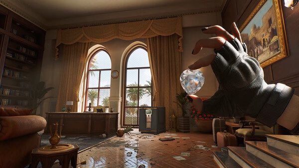 Delta Force screenshot: A gloved hand holds a shiny diamond in a luxurious room with large windows, a safe, and scattered debris.