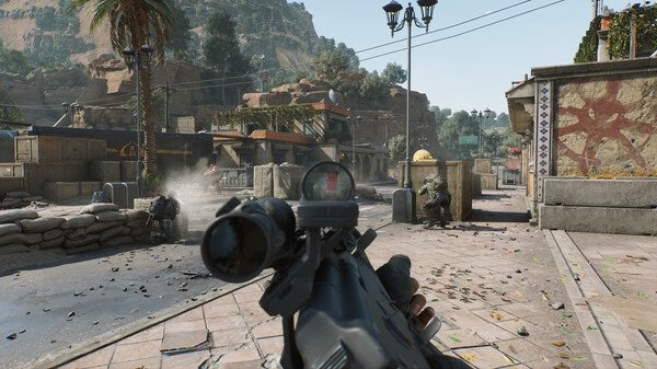 Delta Force screenshot: A player aims a scoped rifle in a desert town setting, with soldiers taking cover near sandbags and buildings.