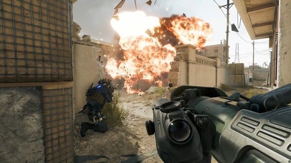 Screenshot from Delta Force showing a player aiming a weapon at a large explosion in an urban environment.