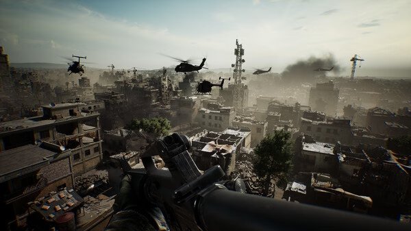 Delta Force screenshot showing a soldier aiming a weapon at a war-torn city with helicopters flying overhead.