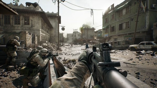 Delta Force screenshot showing soldiers aiming rifles in a war-torn street, surrounded by debris and damaged buildings.