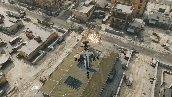 A Delta Force screenshot showing a helicopter firing missiles at a rooftop in a desert town with buildings and roads visible below.