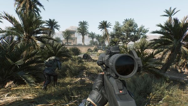 Screenshot from Delta Force showing a player aiming through a rifle scope in a lush, palm-filled landscape with another soldier nearby.