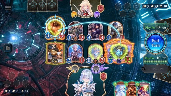 Shadowverse: Worlds Beyond screenshot showing a card battle with characters, stats, and abilities displayed on a futuristic game board.