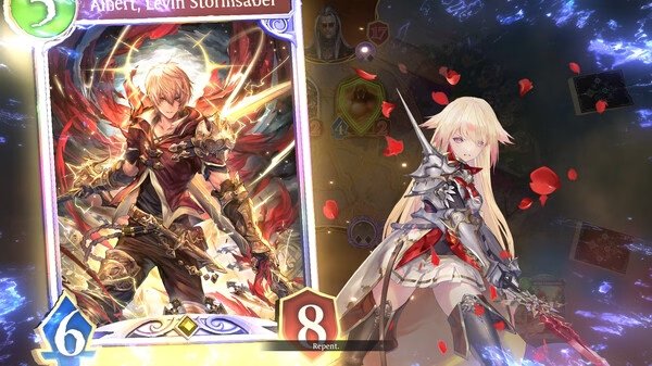 Screenshot from Shadowverse: Worlds Beyond showing a card of Albert, Levin Stormsaber and a character in armor surrounded by rose petals.
