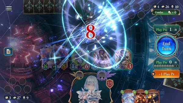 Screenshot of Shadowverse: Worlds Beyond showing a dramatic card battle with glowing effects, character cards, and game stats visible.