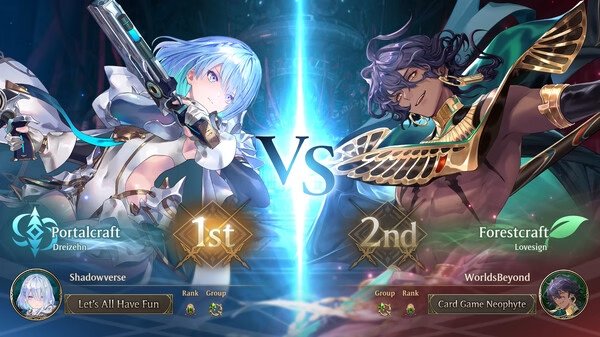 Screenshot from Shadowverse: Worlds Beyond showing Portalcraft vs. Forestcraft match results, with characters and rankings displayed.