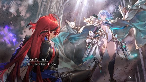 Screenshot from Shadowverse: Worlds Beyond showing Kaori Yuihara facing an armored character in a dramatic scene.