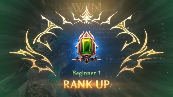 Shadowverse: Worlds Beyond screenshot showing a "Rank Up" notification with glowing golden designs and "Beginner 1" rank displayed.