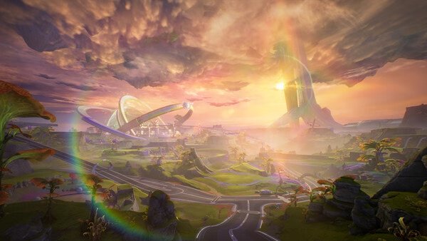 Screenshot from Wuthering Waves showing a vibrant, futuristic landscape with curved structures and a dramatic sky at sunset.