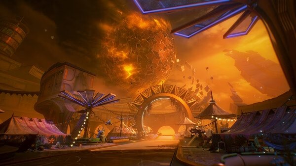 Screenshot from Wuthering Waves showing a futuristic market under a fiery sky with a large, fragmented sphere overhead.
