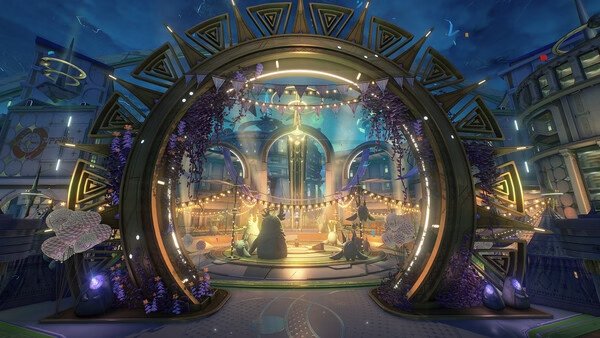 A vibrant Wuthering Waves screenshot showing a festive, futuristic city square with glowing lights and ornate decorations.
