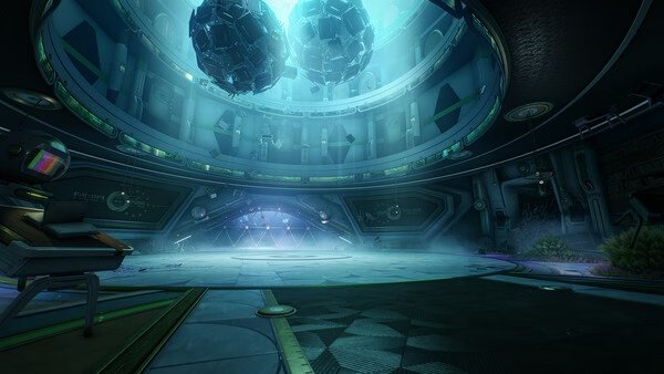 Screenshot from Wuthering Waves showing a futuristic dome interior with glowing orbs suspended from the ceiling.