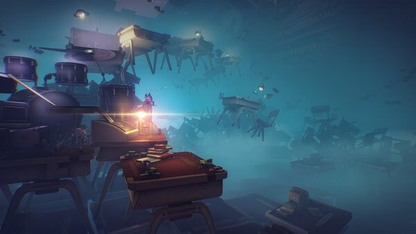 Screenshot from Wuthering Waves: A surreal scene with floating desks and chairs in a misty environment, illuminated by a mysterious light.
