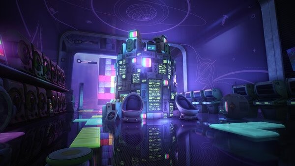 Screenshot from Wuthering Waves showing a futuristic, glowing purple control room with high-tech equipment and neon displays.