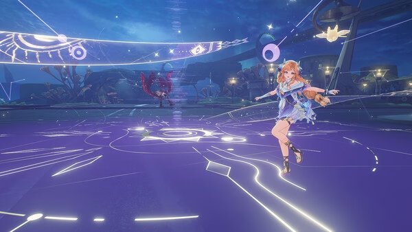 Screenshot from Wuthering Waves showing a character in a dynamic pose amidst a glowing, futuristic arena.