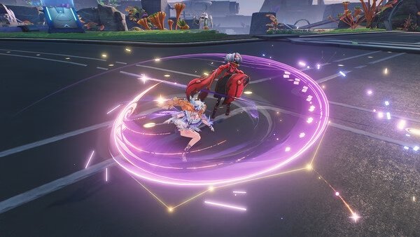 Screenshot from Wuthering Waves showing a character performing a dynamic spinning attack with glowing effects on a futuristic street.