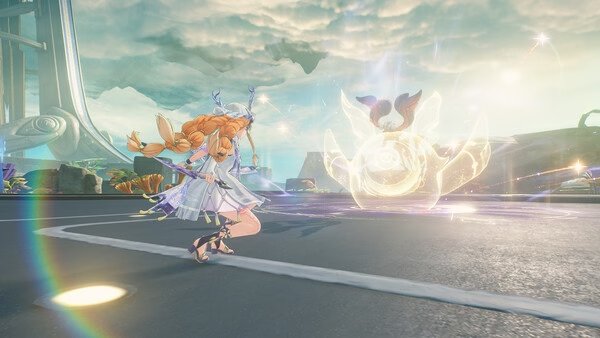 Screenshot from Wuthering Waves showing a character in action, casting a magical spell against a glowing creature on a futuristic road.