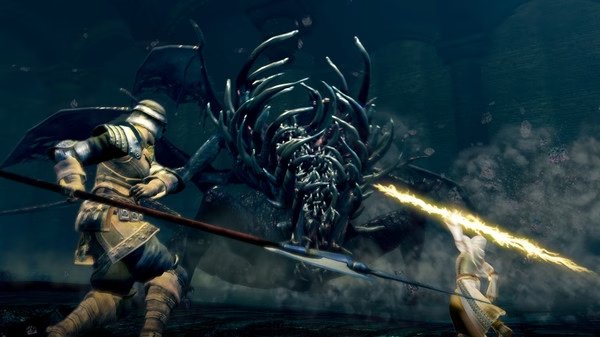 A screenshot from DARK SOULS™: REMASTERED showing two warriors battling a large, multi-headed dark monster in a foggy arena.