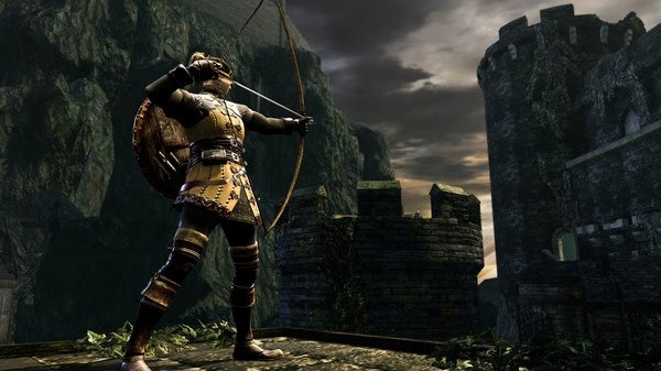 A screenshot from DARK SOULS™: REMASTERED showing a character aiming a bow amidst ancient stone ruins under a cloudy sky.