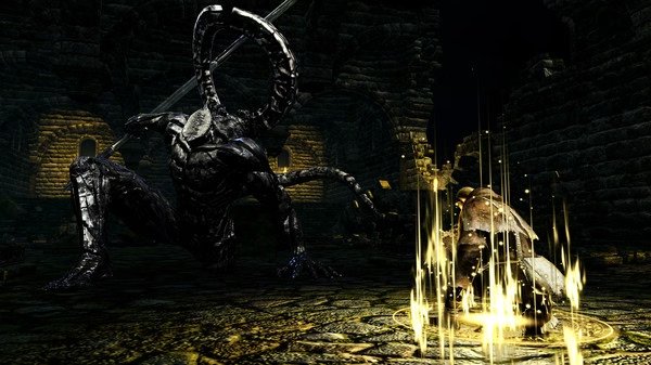 Screenshot from DARK SOULS™: REMASTERED showing a player character facing a large, armored demon with glowing effects.