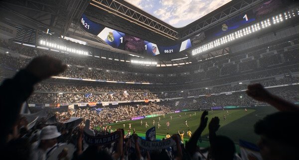 Screenshot of EA SPORTS FC™ 26 showing an intense soccer match in a packed stadium with cheering fans and a score of 1-1.