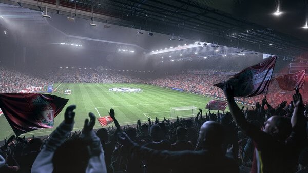 A screenshot from EA SPORTS FC™ 26 showing a packed stadium with fans waving flags and players lined up on the field before a match.