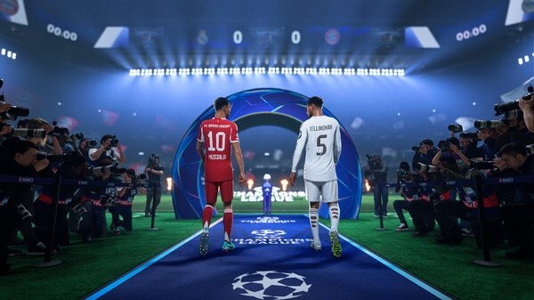 Screenshot from EA SPORTS FC™ 26 showing two soccer players walking onto the field, with photographers capturing the moment.