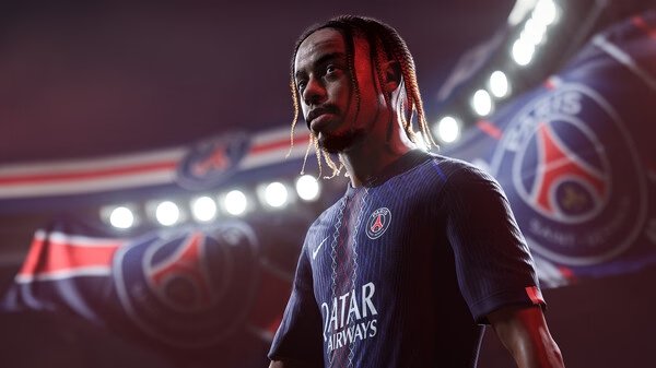 A screenshot from EA SPORTS FC™ 26 showing a player in a PSG jersey with stadium lights and team banners in the background.