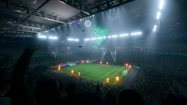 A screenshot from EA SPORTS FC™ 26 showing a lively stadium at night with fireworks and a glowing soccer field surrounded by fans.