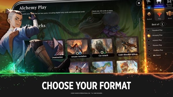 Magic: The Gathering Arena screenshot showing the Alchemy Play mode screen with deck options like Arcane Artisans and Cat Attack.