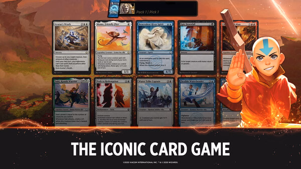 Magic: The Gathering Arena screenshot showing a card draft selection with various cards displayed and a glowing landscape background.